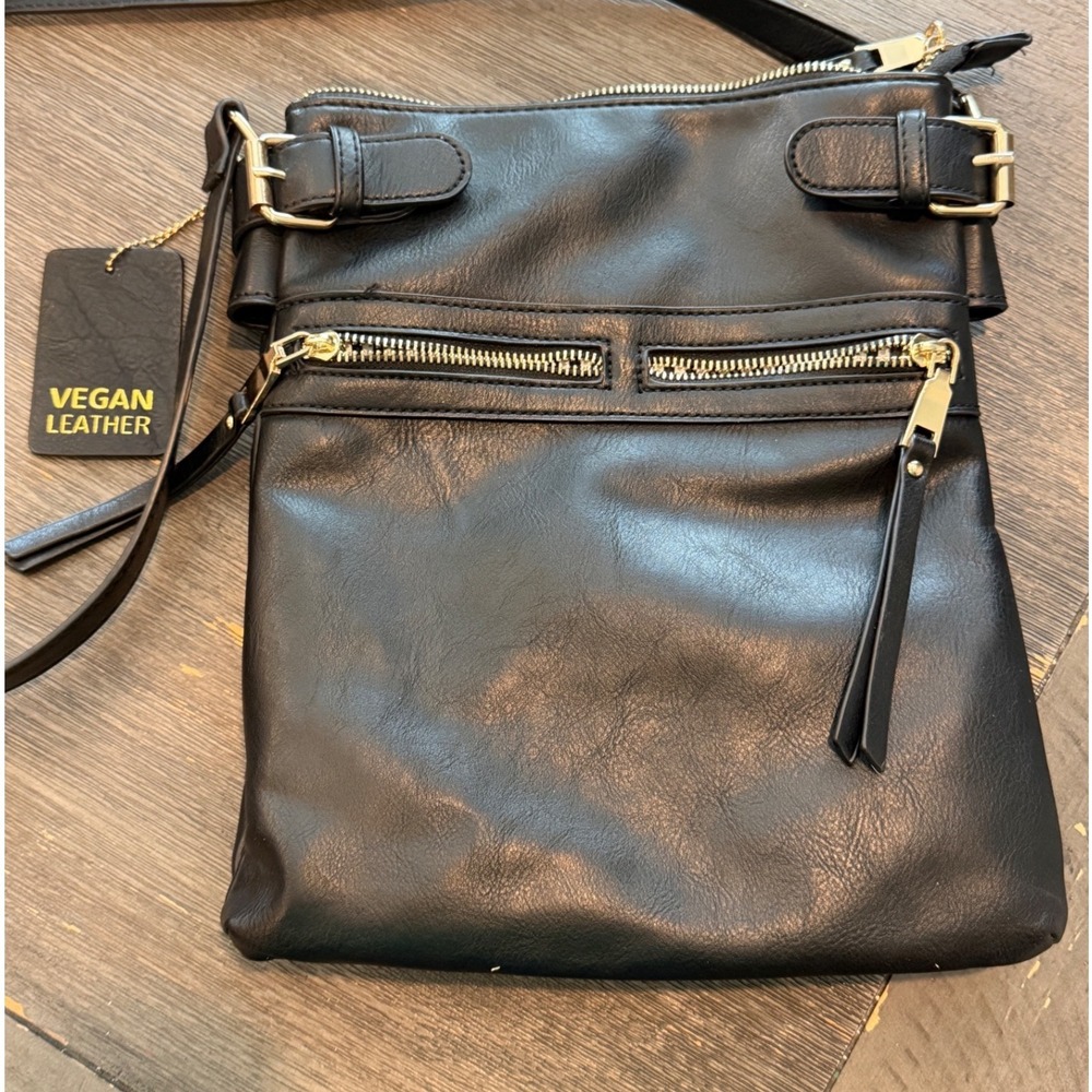 Crossbody Bag Womens Small Black Vegan Leather, Black/White Striped